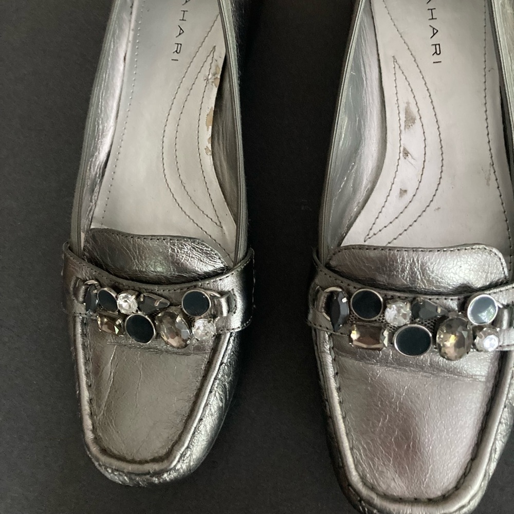 Tahari Metallic Silver Embellished Flats